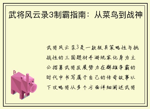 武将风云录3制霸指南：从菜鸟到战神